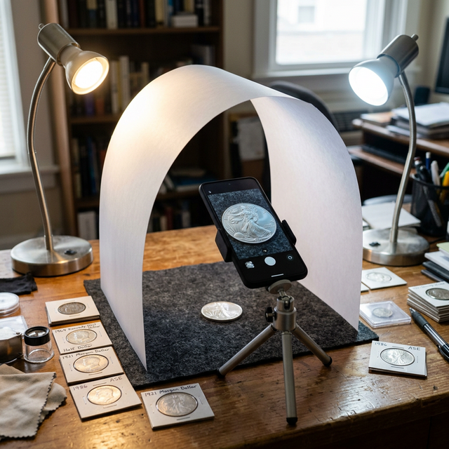 A simple diffused lighting setup using desk lamps and a paper tent to achieve soft, even lighting on the coin.