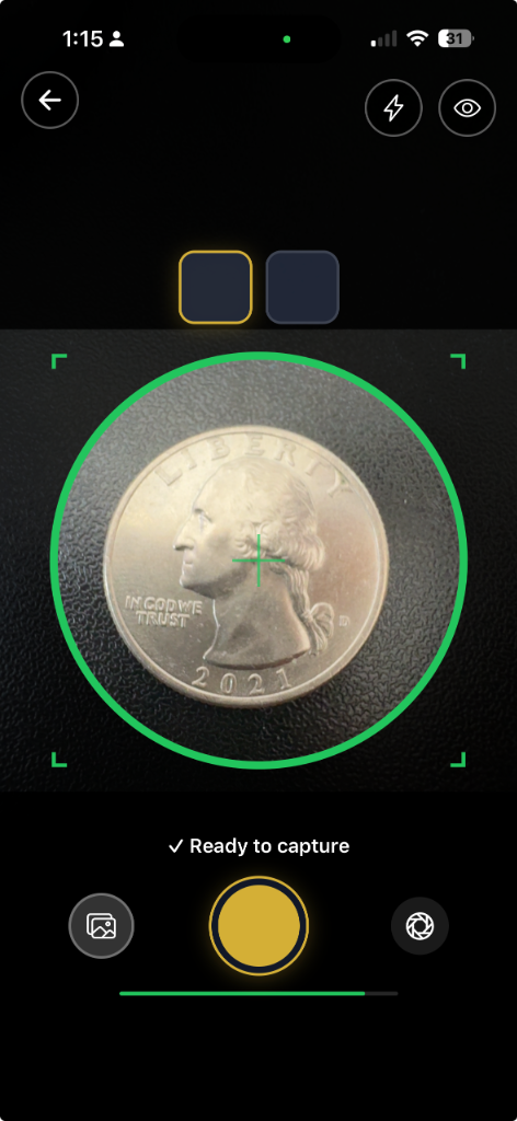 Visual Lab ready state with solid green circle and '✓ Ready to capture' message